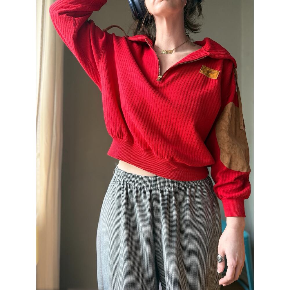 Vintage 80s Kennedy Red Cropped Knit Pullover | Preppy Eclectic Grandpa | M/L - Picture 3 of 10